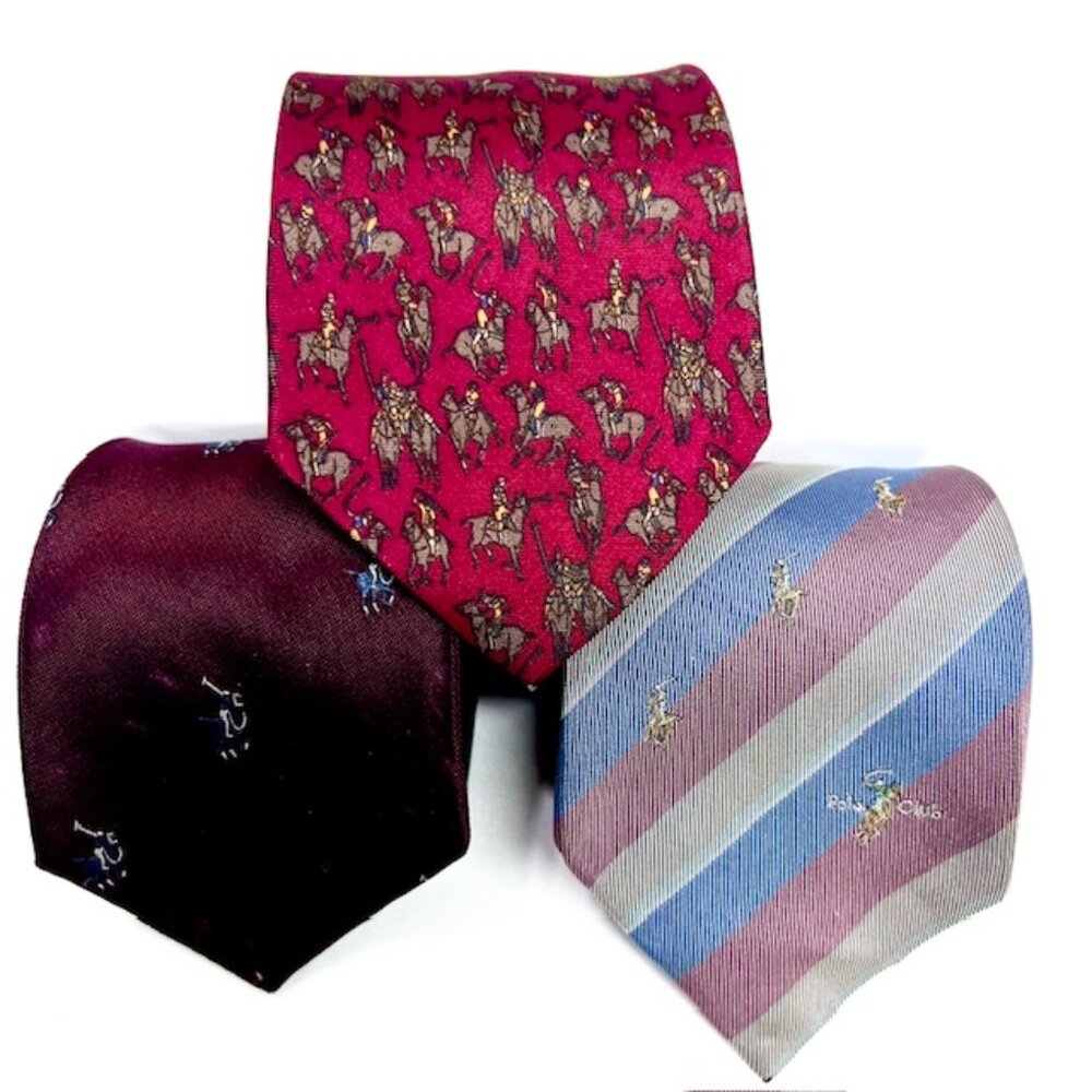 3 Vintage Men Neckties  Polo Club 100% Silk Striped Blue  Polo Horses(64)